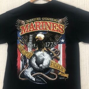 US Marines T-Shirt Large Black Eagle Globe Anchor Semper Fidelis‎ Graphic Tee
